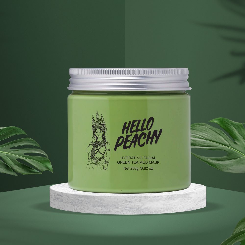 Hello Peachy green tea mud mask jar on a green background
